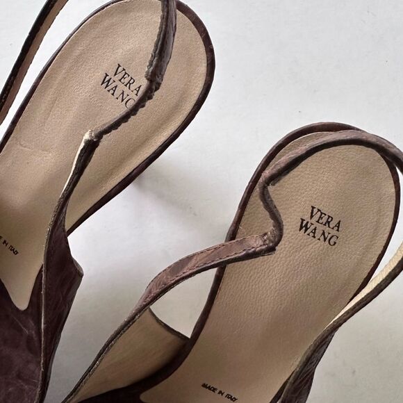 Vera Wang Collection Chocolate Brown Crocodile Slingback Peep Toe Heels - Picture 11 of 14